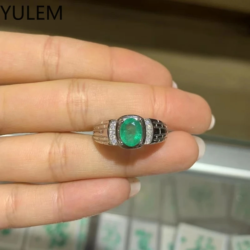 YULEM Naural Colombia Emerald Man Ring 925 Sterling Silver Jewelry for Men 6x8mm 1ct Big Size Men Ring