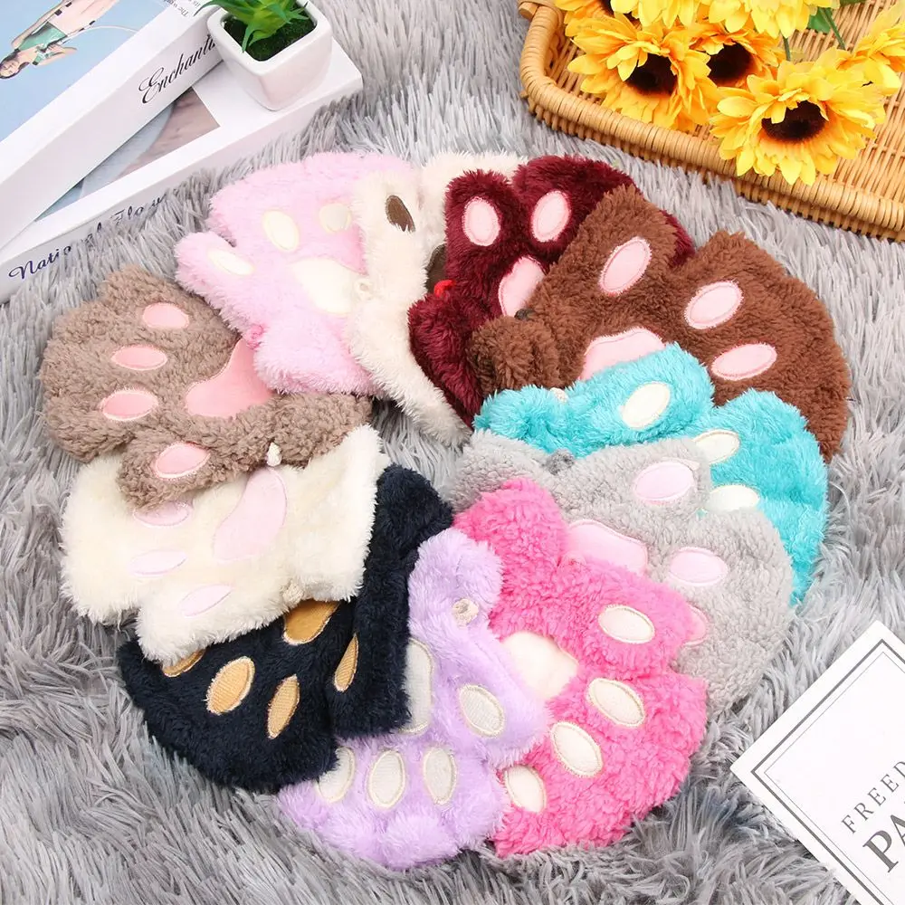 1 Pair Cute Cat's Paw Winter Gloves For Children's Warm Plush Mittens Short Fingerless Gloves Half Finger Gloves For Girls