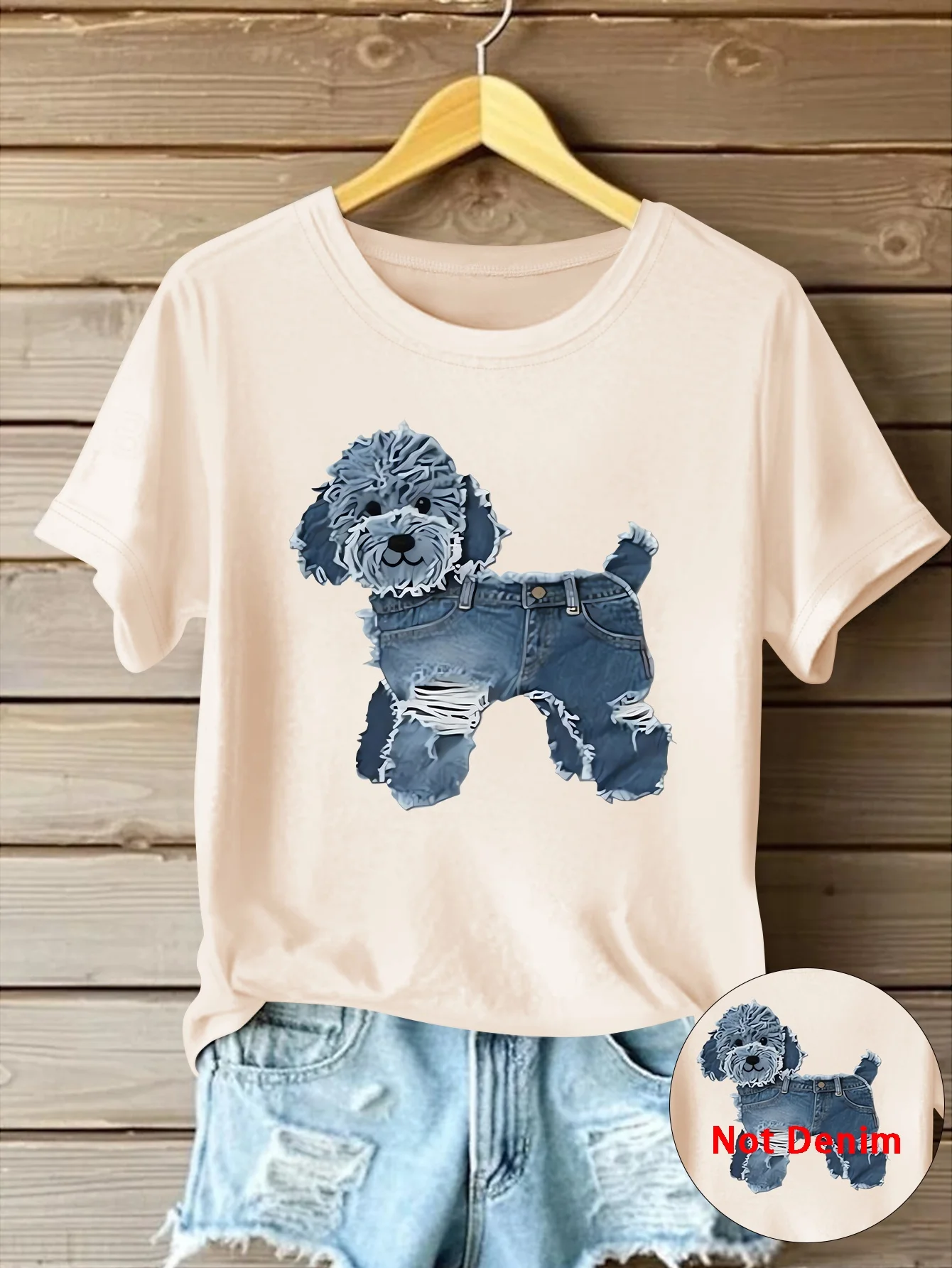 

Женская повседневная джинсовая футболка с принтом собаки — летняя повседневная футболка с коротким рукавом и круглым вырезом | Футболка с игривым рисунком | Глянцевая текстура