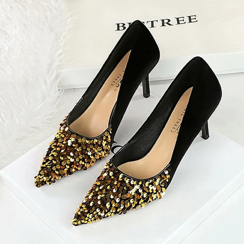 BIGTREE Spring Sequined Cloth Woman Pumps Pointed Toe Low Thin Heels Pole Dancing Party Elegant Ladies Shoes