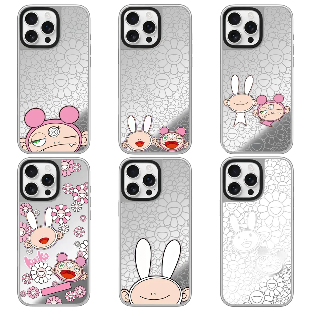 

Cartoon Flowers Mirror Surface Silver Border Magnetic Protective Case for IPhone 16 15 14 13 12 Pro Max