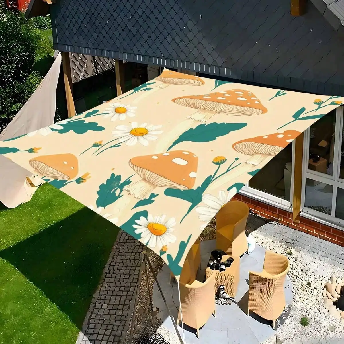 

Mushroom & Daisy Printed Polyester Waterproof Sunshade, Sun Canopy For Camping, Hammock, Patio & Beach XM10