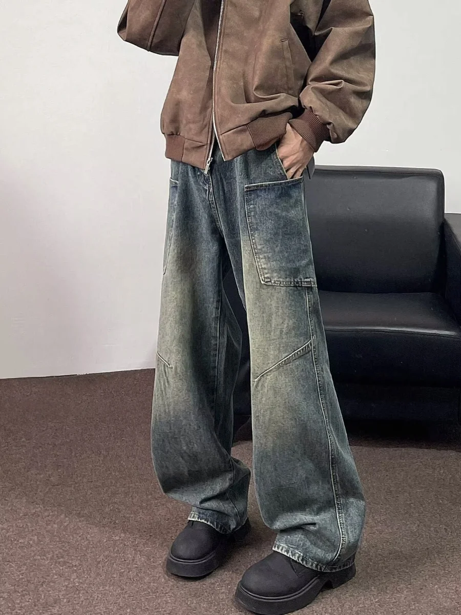 

Американские ретро-джинсы из денима для мужчин: новые, весенне-осенние, свободного кроя, рабочие, прямые, широкие штанины