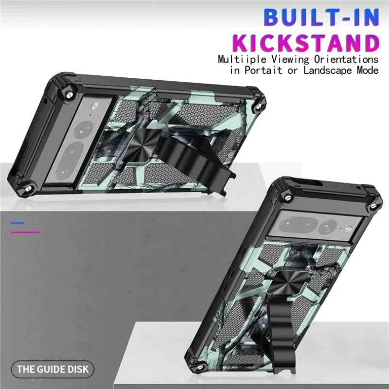 جراب كلاسيكي مموه للصدمات لجوجل بيكسل 8 برو/7 برو/7A/6A/6 برو غطاء هاتف بمسند للجلد