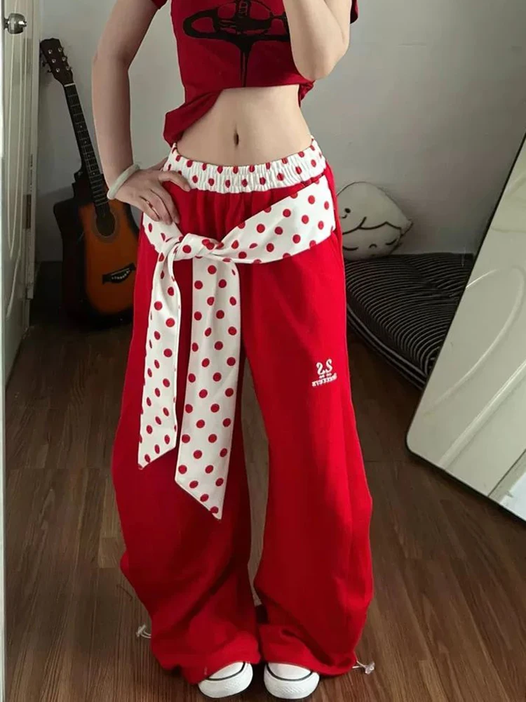 American Retro Red Wide Leg Pant Women Bow Lace Up Design Patchwork Trousers Fall Harajuku Vintage Loose Letter Y2K Hip Hop Pant