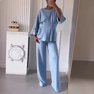 Pure Color Top and Pants Matching Set Casual Jumpsuit Blouse Tops Spring Summer