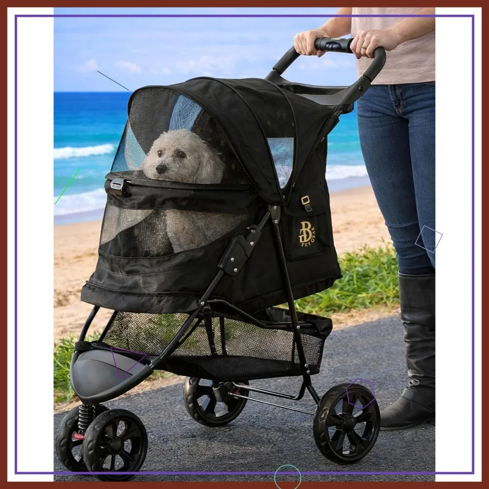 

No-Zip 3-Wheel Pet Stroller for Cats & Dogs, Easy One-Hand Fold, Removable Liner, Cup Holder, Charcoal Black