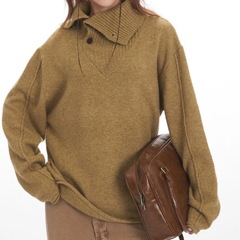 

High-necked autumn and winter loose and lazy sweater women's pullover lapel bottom knitted sweater