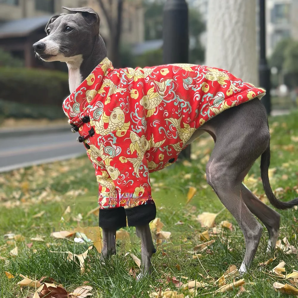Chinese Knot Buckle Fleece Jacket for Italy Greyhound Winter Warm Long Sleeves Red Coat for Mid Dogs Wellington New Year Costume view 5