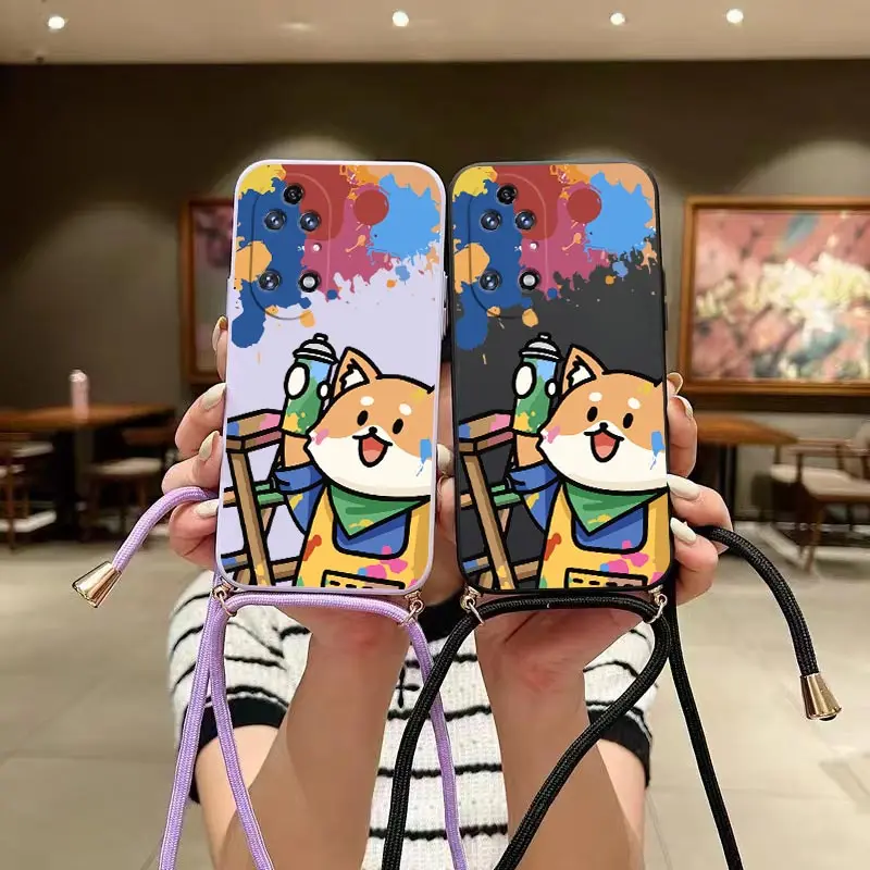 Little Painter Crossbody Lanyard Silicone Phone Case For Huawei P50Pro P50 P40Pro P40 P30Pro P30 P20 Mate 50 40 Nova 10 9 Cover