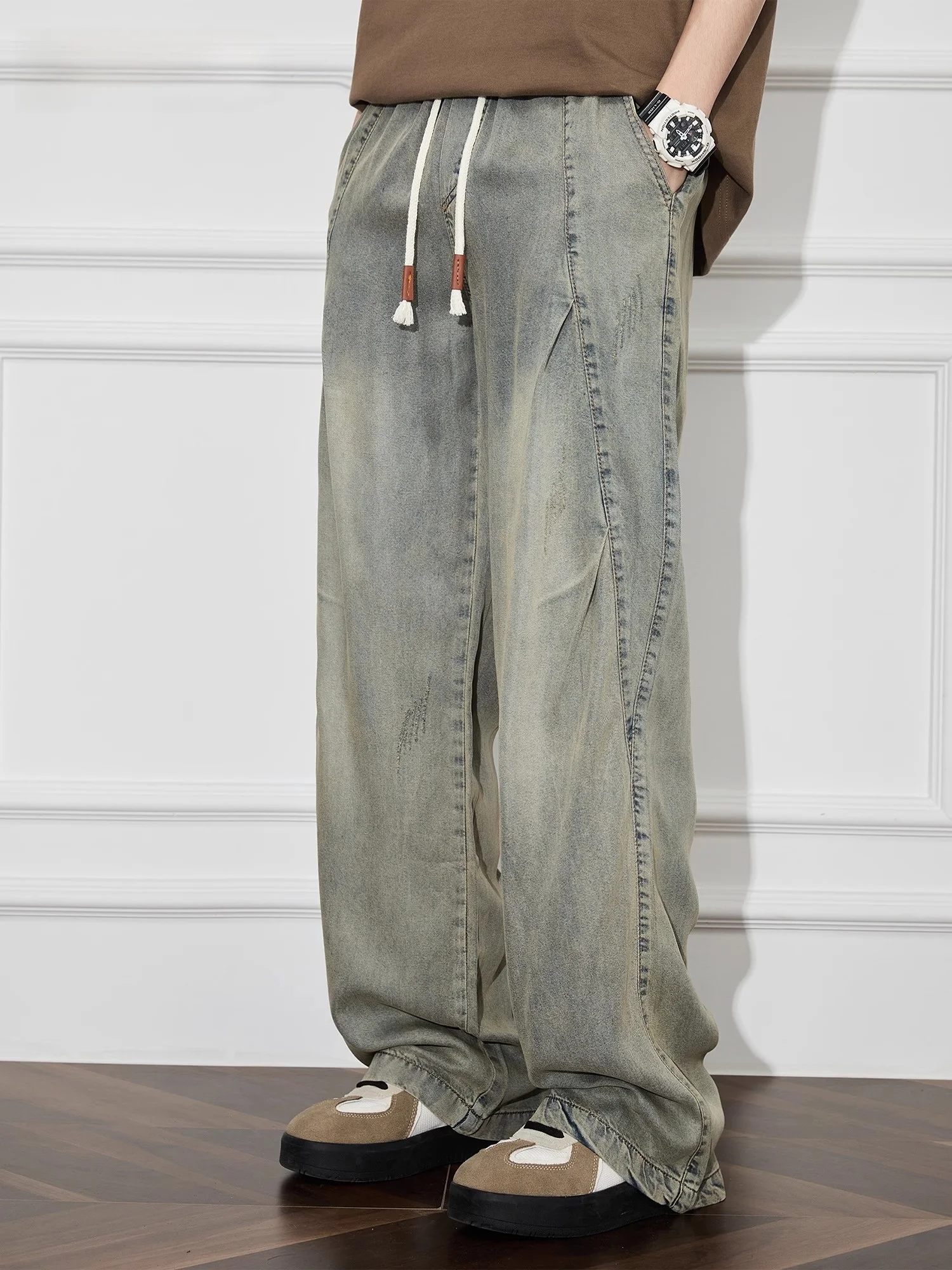 

GURBAKS новые мужские джинсы из лиоцеллы в американском стиле ретро с дышащей талией, широкие брюки, повседневные свободные прямые брюки