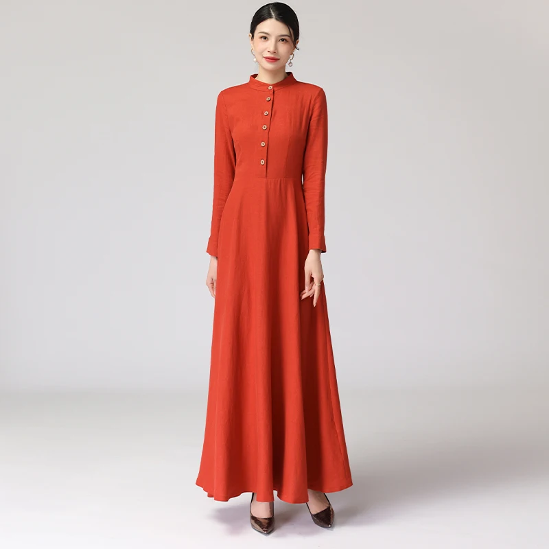 

Elegant Orange-Red Linen Maxi Dress Long Sleeve Stand Collar Slim Fit Breathable Comfortable Women's Summer Dress