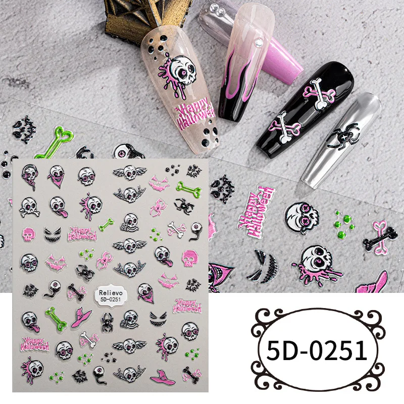 Halloween Ghost Nail Stickers Reliefs Pumpkin Gothic Design Evil Eye Flame Spider Web Skull Bones Tattoo Manicure Horror Decals