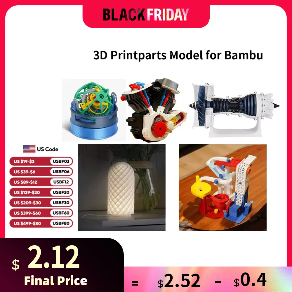 For Bambu Lab Jet Engine Model Components Kit/LED Light/Marble Track Triple-axis Tourbillon Model Kit 3D Printer Accessories