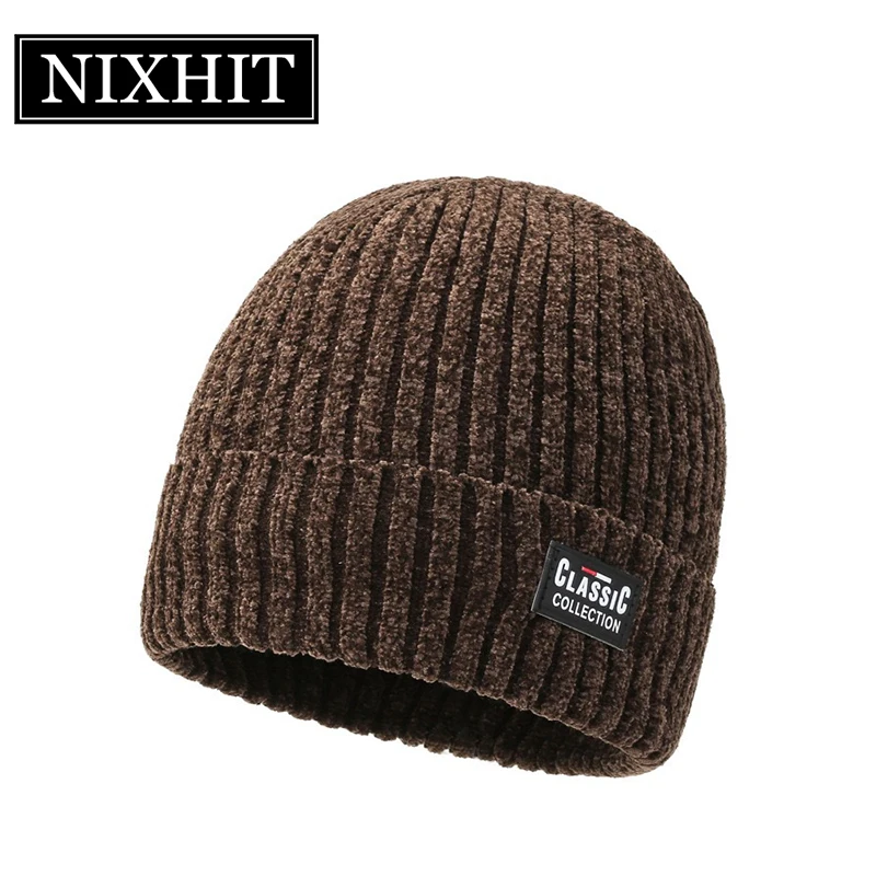 NIXHIT Plus Velvet Thick Warm Fur Skullies Beanies Men Winter Hat Knitted Hats Riding For Men Cap Chenille Fleece Men's Hat Z256