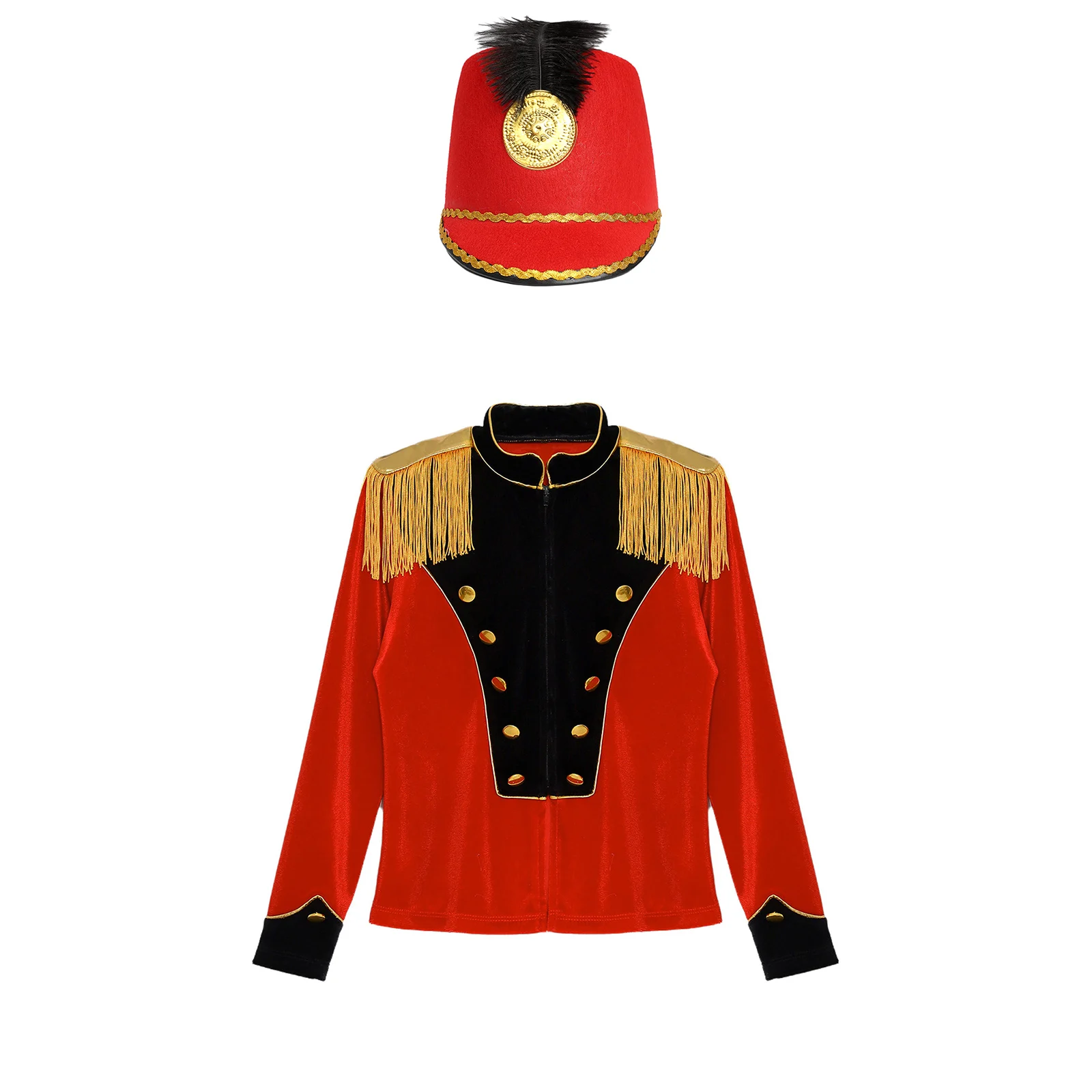 Kids Unisex Honor Guard Drum Major Majorette Costume Circus Jacket Long Sleeve Fringe Epaulet Jacket+Hat for Cosplay Performance