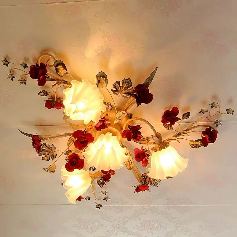 Iron Rose Flower Ceiling Light 4/7/9 Heads Living Room Bedroom Home Floral Lighting Lustre Rustic Rural Art E27 LED Ceiling Lamp