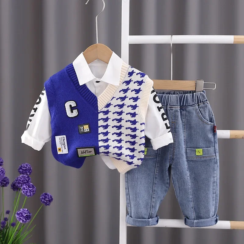 Baby Boy Clothes Set Korean Knitted Sweater Vest White Shirts Jeans 3PCS Boys Infant Clothing Kids Bebes Jogging Suits Tracksuit