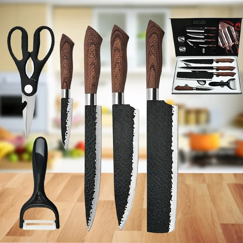 6pcs Stainless Steel Kitchen Knives Set Forged Kitchen Knife Scissors Ceramic Peeler Chef Slicer Nakiri Paring Knife Gift Case