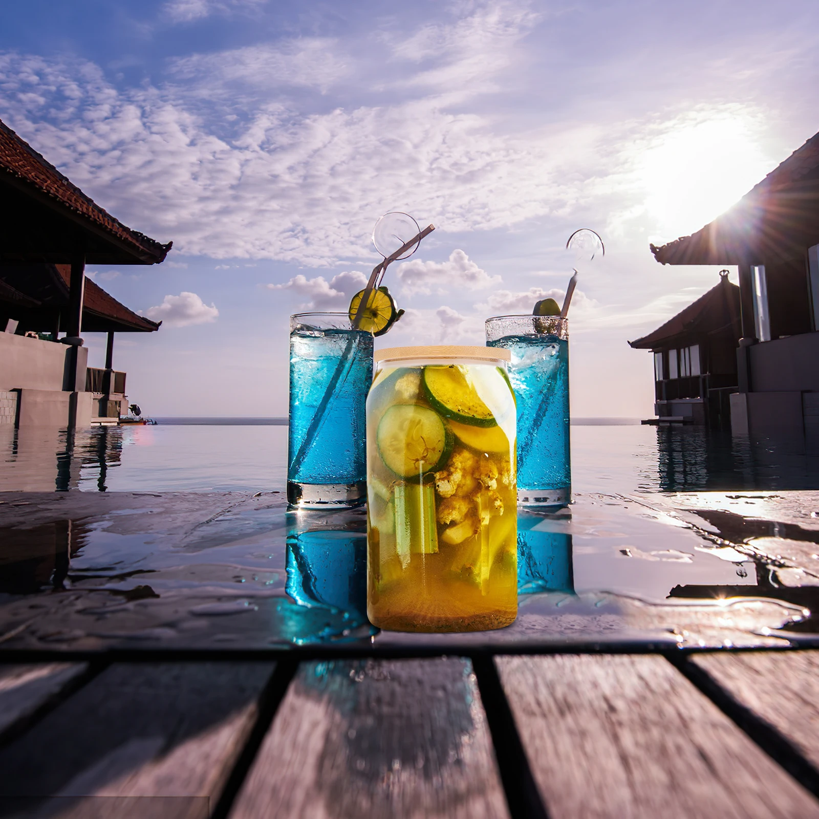 

1Set Mason Glass Drinking Cup with Straw Lid Wooden Top Multipurpose Water Juice Milk Tea Cold Drink Bottle Household Use