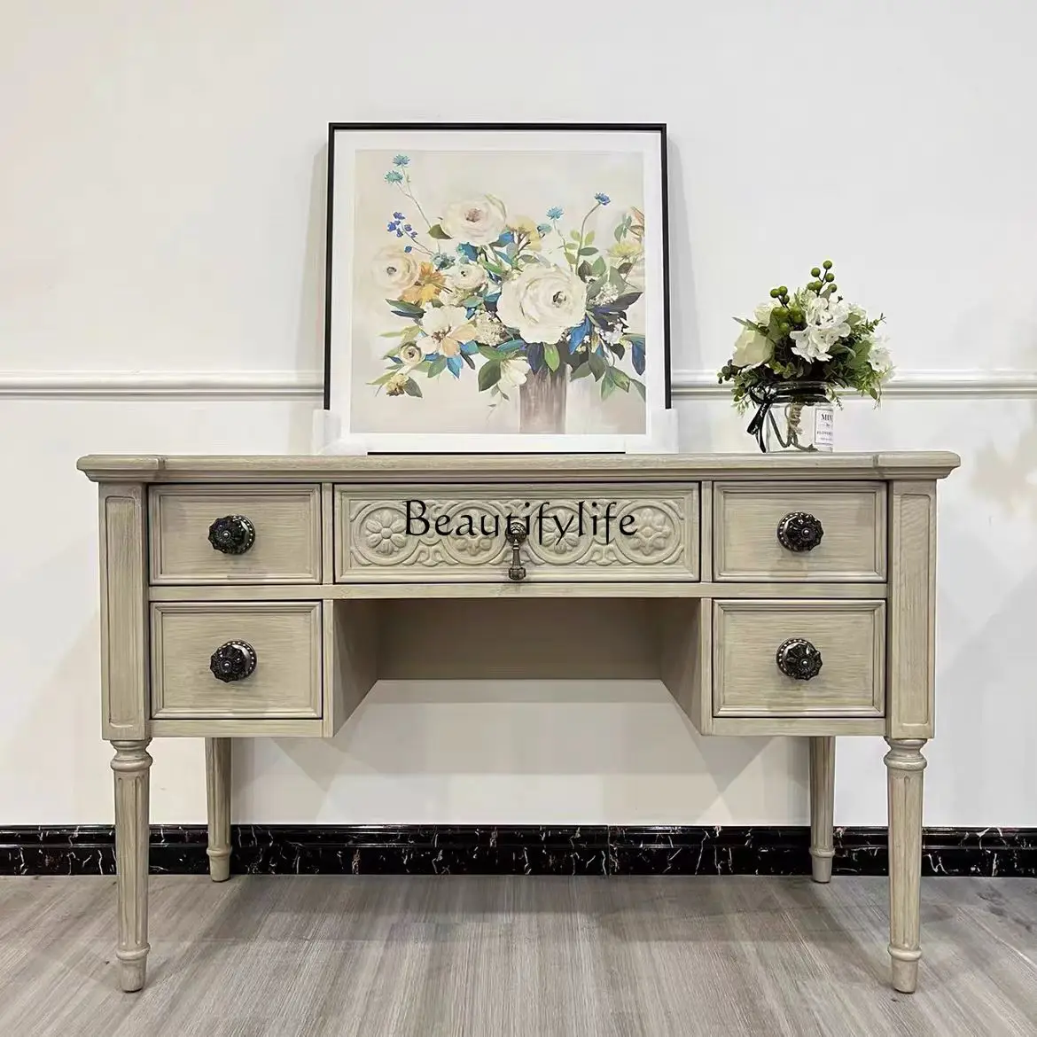 4*Revival dressing table retro old dressing table solid wood carving flower high-end furniture
