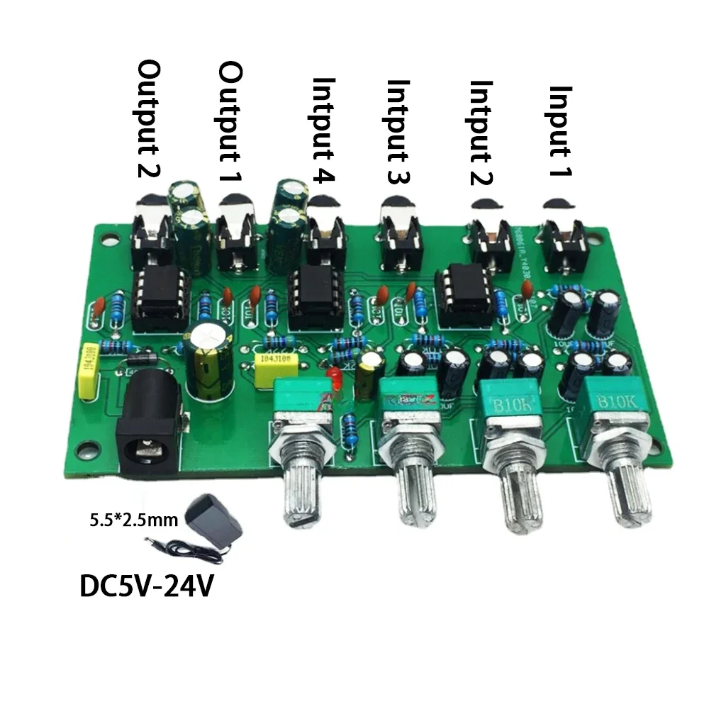 4 Ways Audio Mixing Amplifier Board Stereo 4 in 2 Out for Heaphone Pre-amplifier 16ohm-600ohms