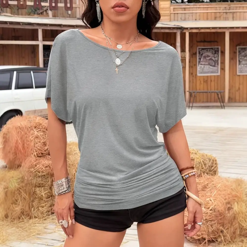 Womens Summer Fashion T Shirts Loose Fit Round Neck Short Sleeve Solid Color Casual Tops Breathable Urban Style Elegant Tees