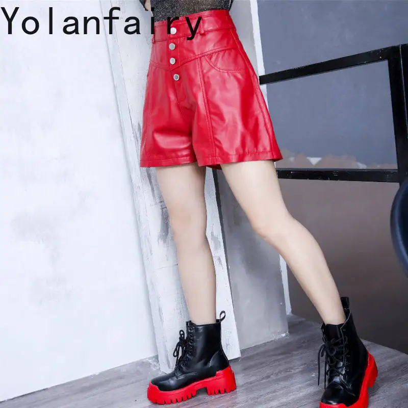 YOLANFAIRY Red Genuine Sheepskin Leather Shorts Woman A-line Bootcut Wide Leg Shorts Women High Waist Slim Short Pants Шорты