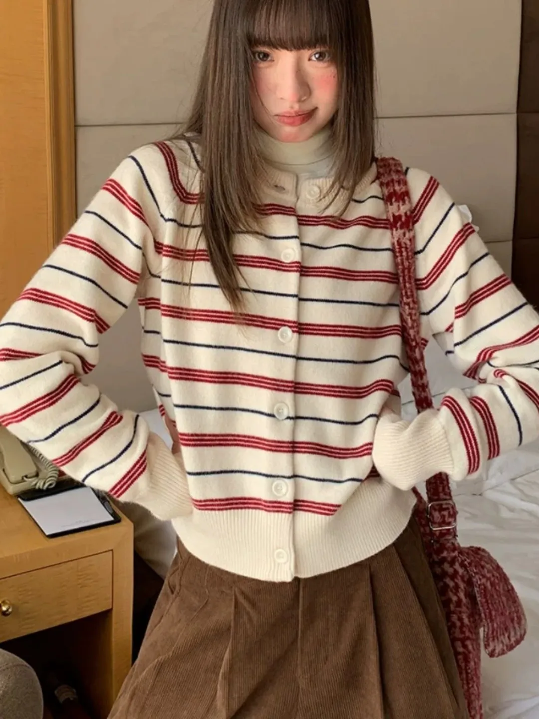 Retro Color Block Striped Knitted Open Cardigan Women's Loose Casual Long Sleeve Outerwear Top Autumn New Style Regular Fit