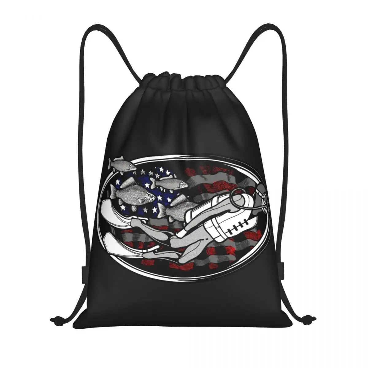 Custom Scuba Diving With Fish US Flag Drawstring Backpack Women Men Sport Gym Sackpack Portable Training Bag Sack