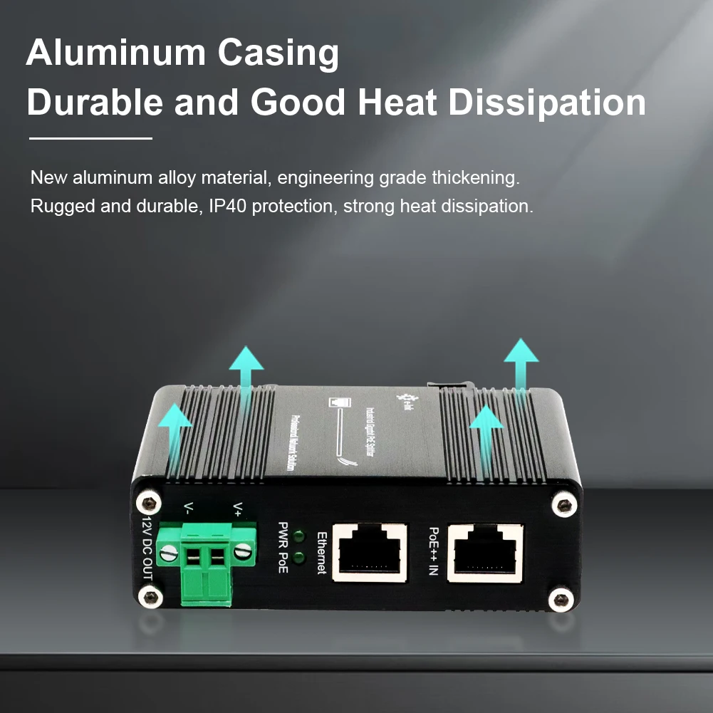 PoE Splitter 10/100/1000Mbps جيجابت 802.3bt الطاقة الصناعية عبر إيثرنت 12VDC 36W الإخراج