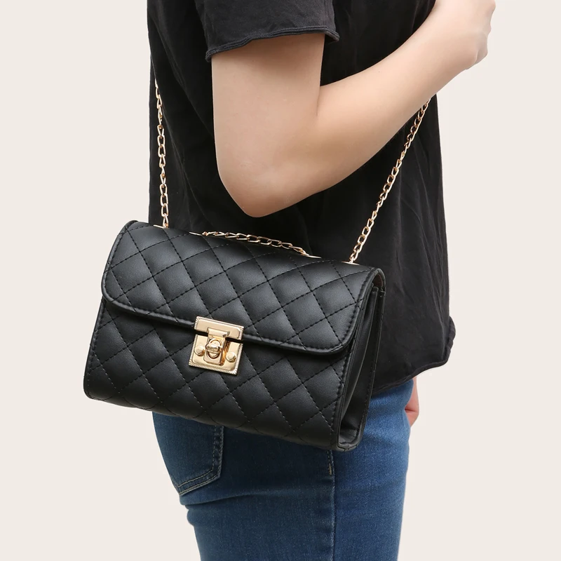 Lingge Chain Small Square Bag Lock Buckle Single Shoulder Crossbody Bag Texture