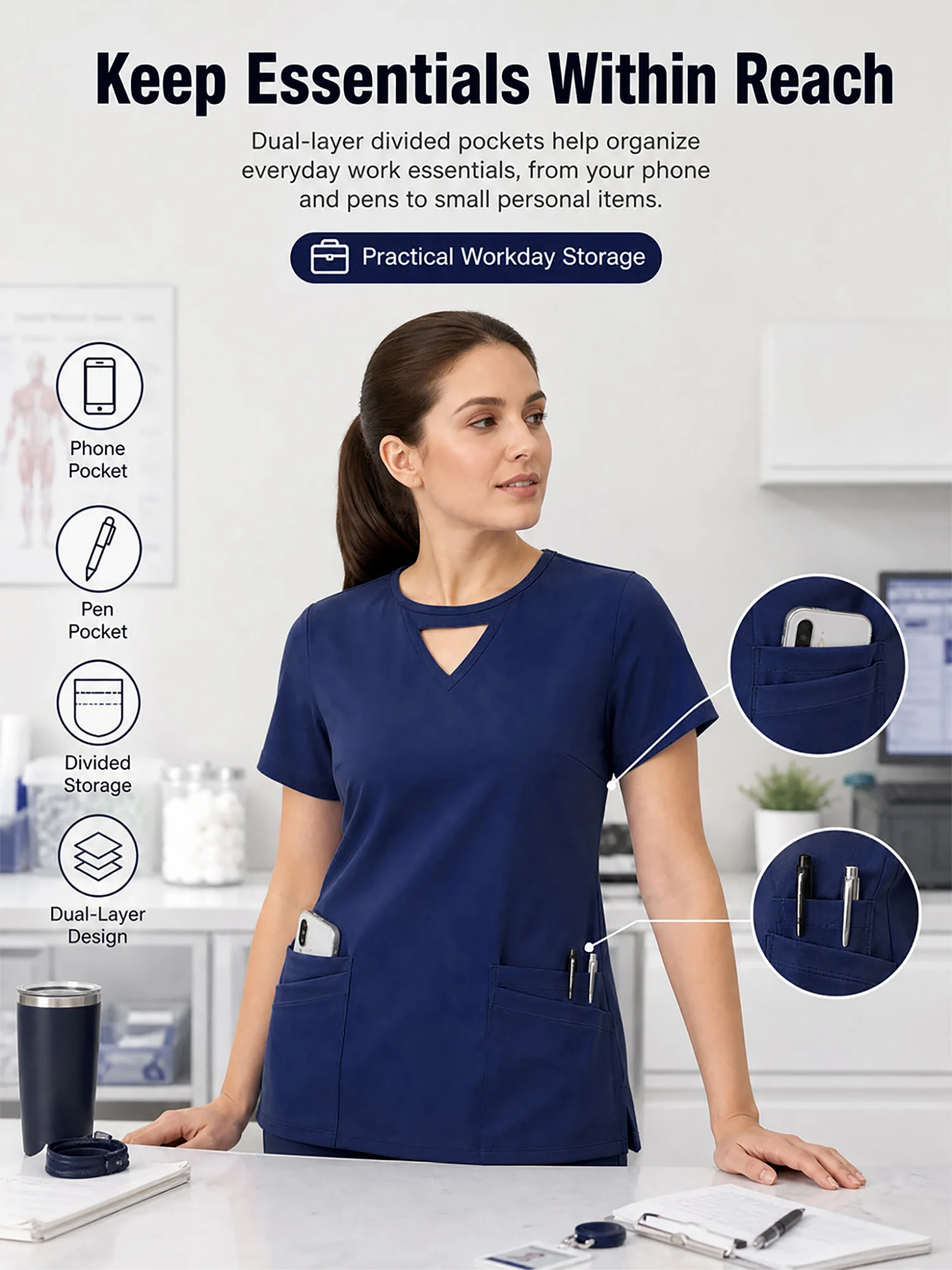 Women Nurse Scrub Tops Cutout Collar Short Sleeve Side Slit Nurse T-shirt with Multiple Pockets Hospital Nurse Uniforms Workwear