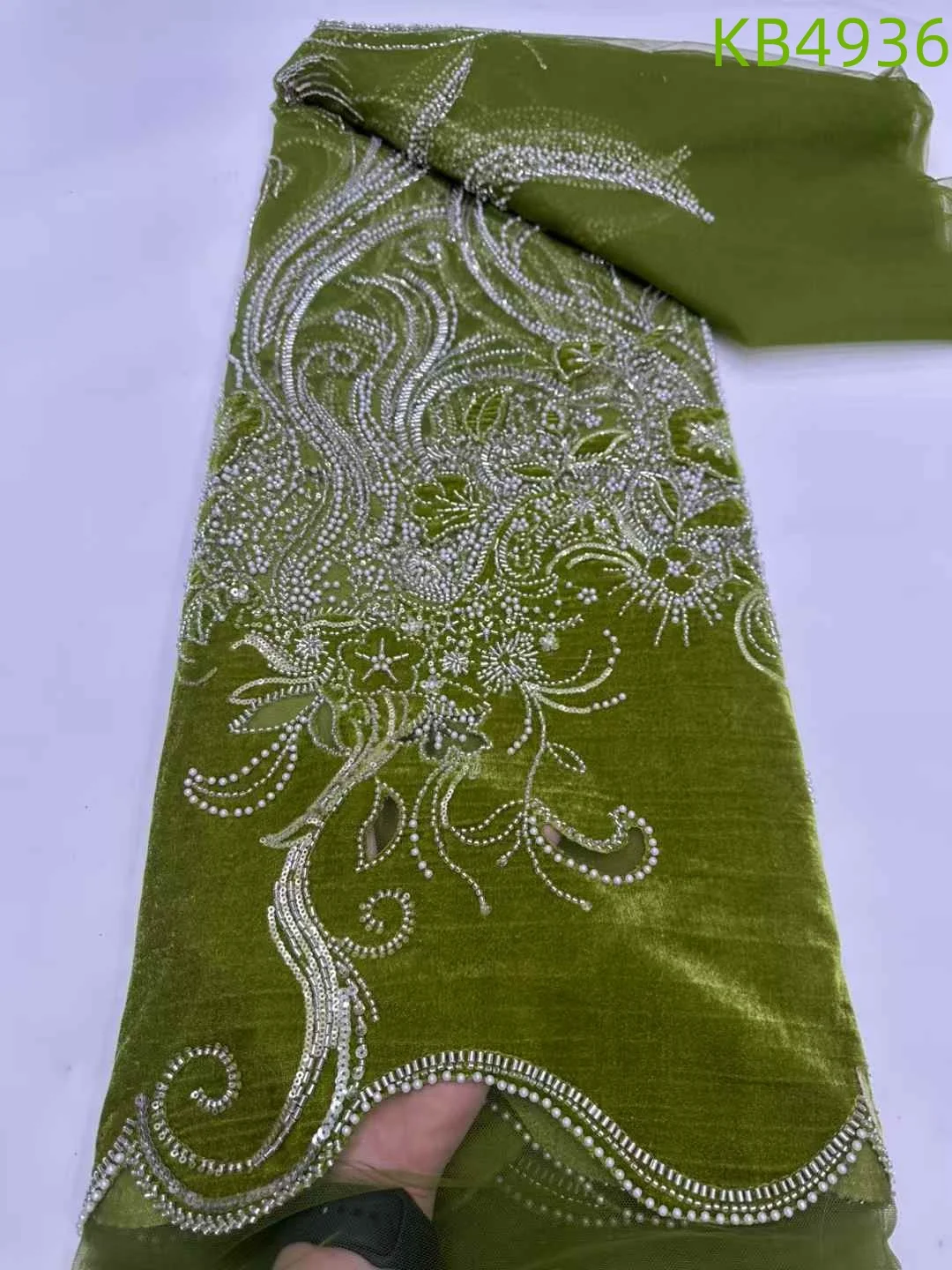Africano Oliver Verde Paillettes Tessuto di Velluto 5 Metri Dubai Tessuti di Pizzo Qualità 2024 Velluto Tessuto di Pizzo Sequenza Per Cucire KB4936