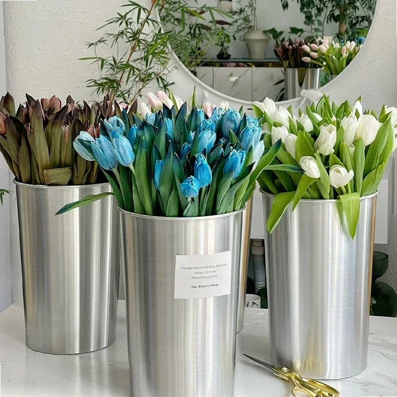 1pc Aluminum Flower Bucket for Hydroponics, Floral Arrangement, and Shop Decoration, Plant Awakening Vase