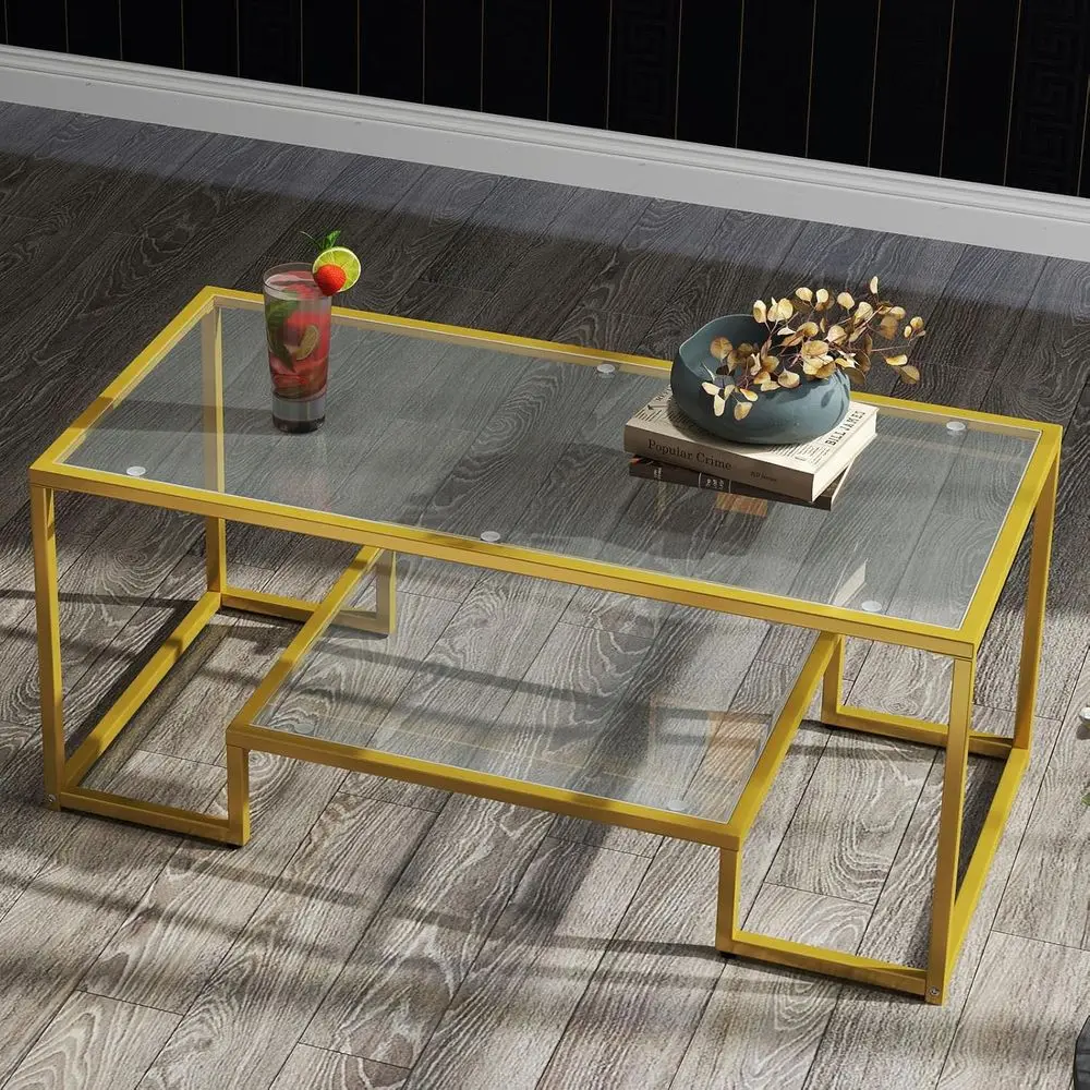 Gold Metal Frame 2-Tier Rectangular Glass Coffee Table for Small Spaces, Suitable for Living Room and Office