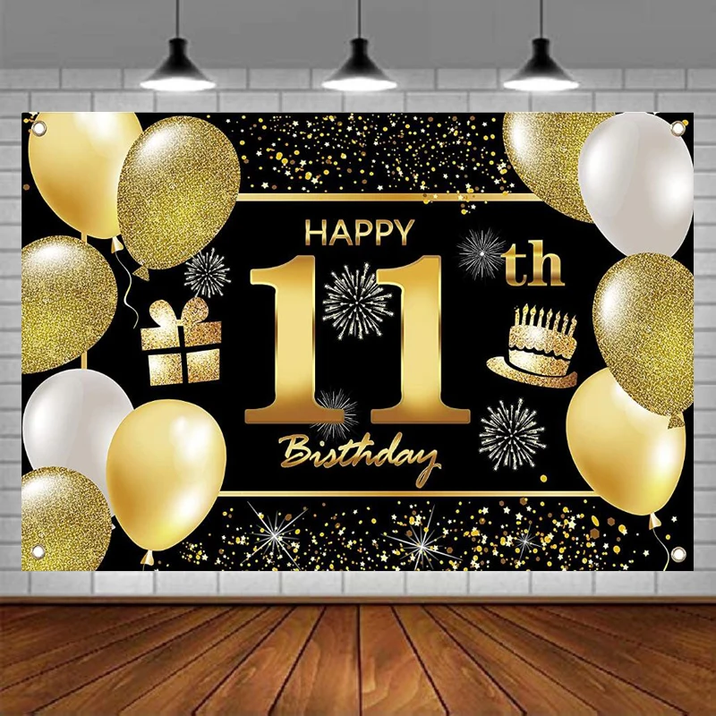 

Photography Backdrop 11th Happy Birthday Party Gold Black Background Banner Poster Decorations For Men