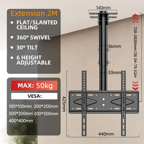 Ceiling TV Mount Full Motion TV Bracket for Most 32-65" Flat Curved TVs/Monitors Swivel Tilt Height Adjustable Hanging TV Mount
