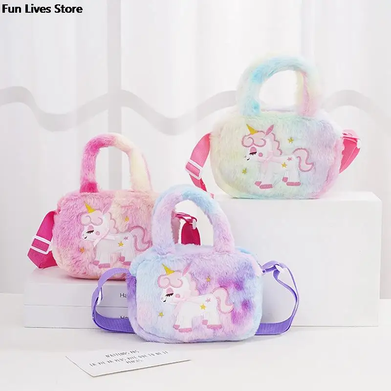 Bolso cruzado de felpa con diseño de unicornio, bolsa de hombro con diseño de dibujos animados, con cinturón de felpa de arcoíris, con bordado de animales, de piel encantadora