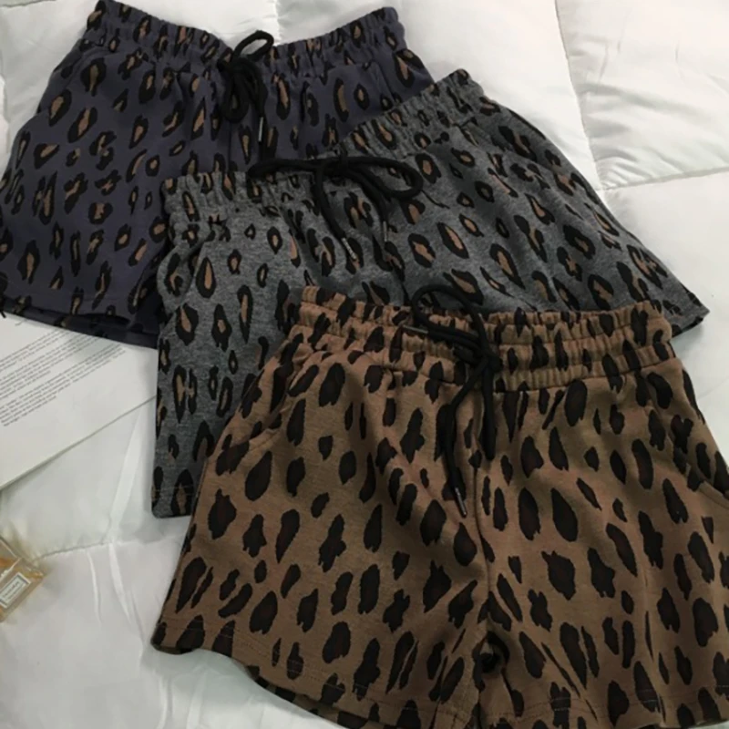 Vintage Harajuku Leopard Print Wide Leg Shorts Women Summer Korean Simple Chic Elastics Waist Drawstring Loose Short Pants 2022