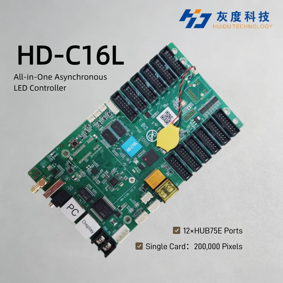 Sistema de Control Asíncrono Huidu HD-C16L con 12 Interfaces HUB75E, Tarjeta de Reproducción Multimedia LED para Pantalla LED a Todo Color