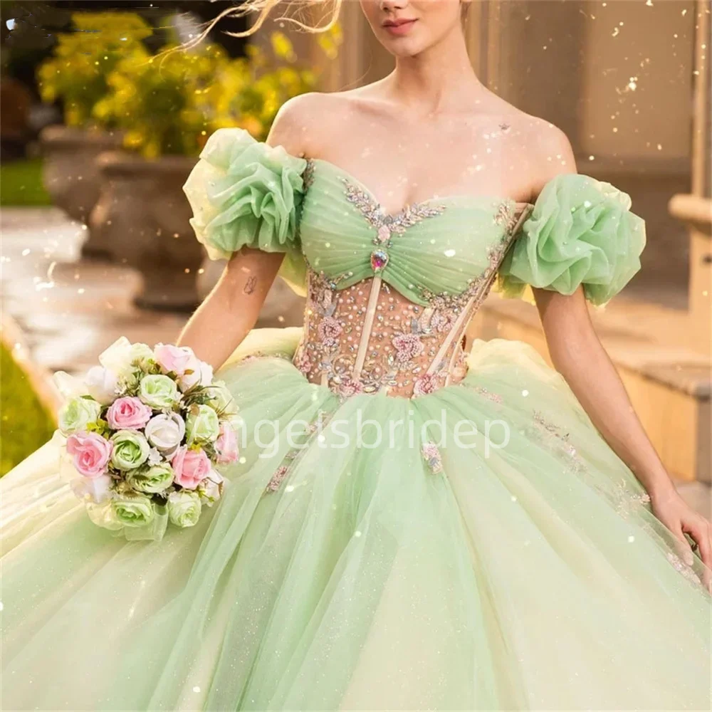 

Angelsbride Mint Green Sweetheart Quinceanera Dress Off Shoulder Beading Vestidos De Festa Ball Gown Quinnceanera Dresses