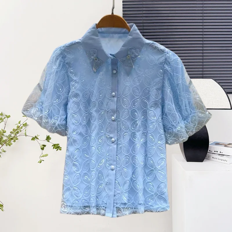

2025,New,European,Clothes,Blouse,Chic,Sexy,Polo collar,Bowknot,Button,Beading,Embroidery,Women,Short Sleeve,Cardigan,Tops,56037
