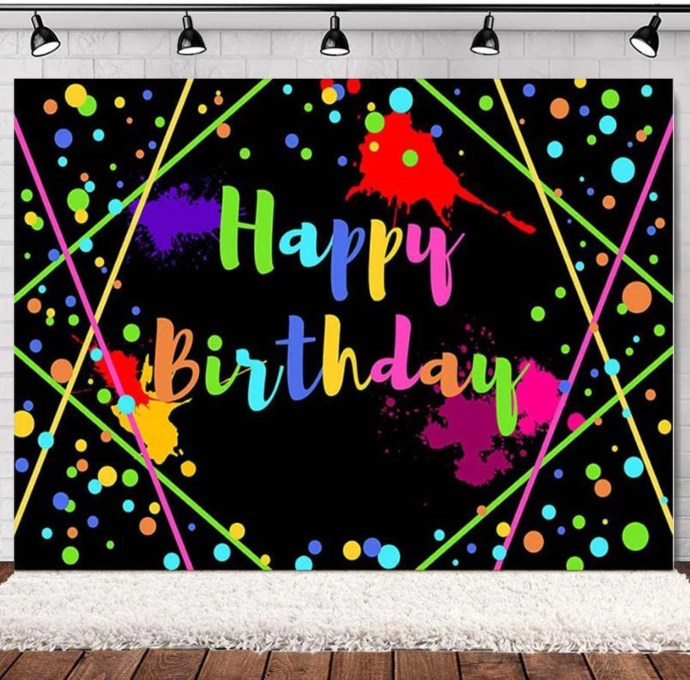 

Glowing Neon Happy Birthday Backdrop Party Colorful Splatter Shining Lights Dots Graffiti Splash Paint Black Background Decor