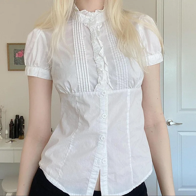 

Spring/summer 2025 Organ Folding Solid Color Shirt Women's Slim-fit Casual T-shirt with Short Sleeve Buttons