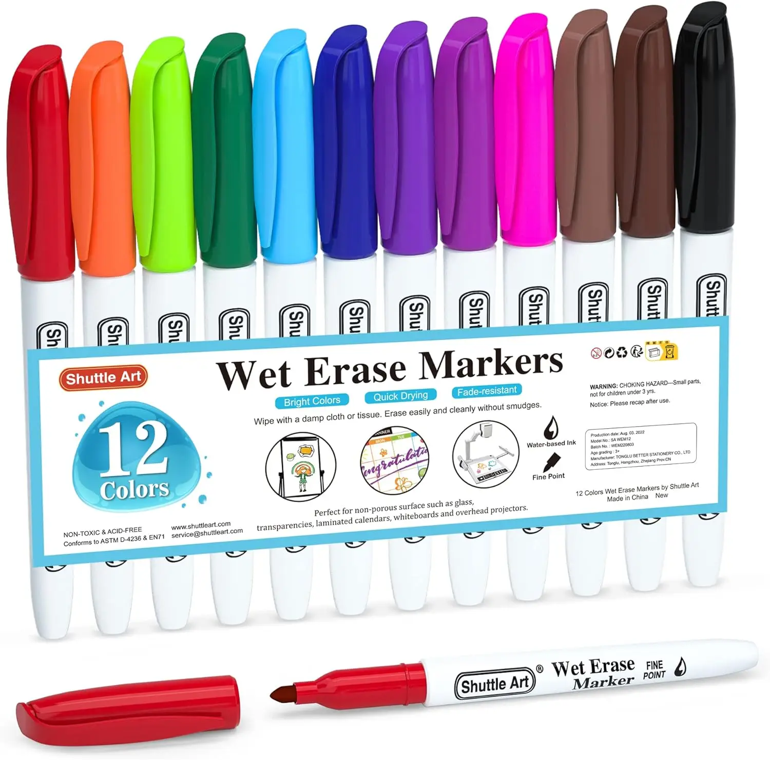 

Wet Erase Markers 12 Colors Fine Tip for Overhead Projectors, Laminated Calendars & Whiteboard, Smudge-Free Water-Based Ink