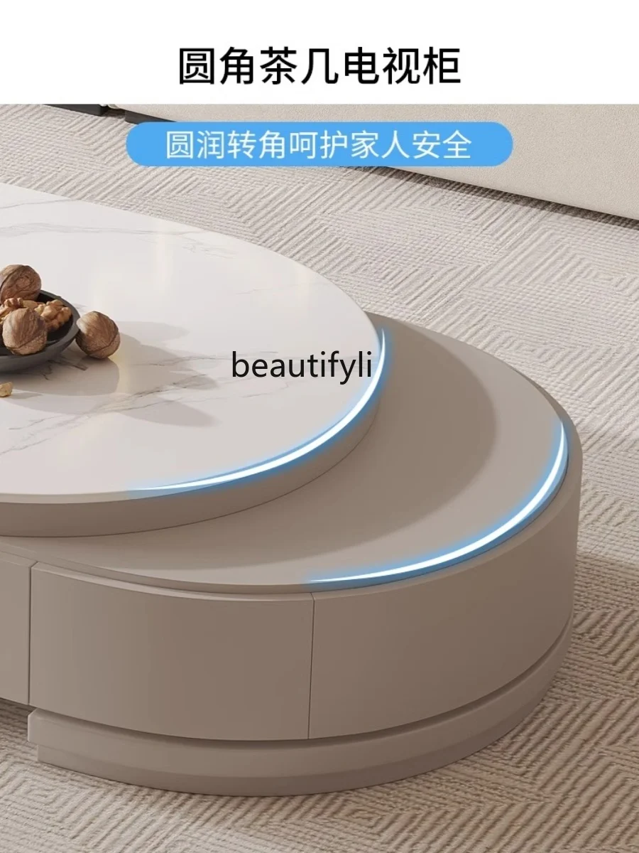 Modern Simple Retractable Stone Plate Coffee Table TV Cabinet Combination Living Room Home Cream Style Oval Tea Table