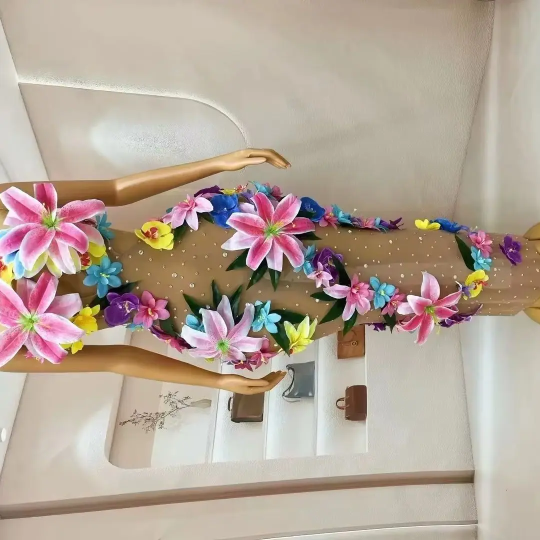 Noche celebrar evemt flores diamantes de imitación vestido sin espalda cuentas rendimiento Sexy danza sesión de fotos disfraz