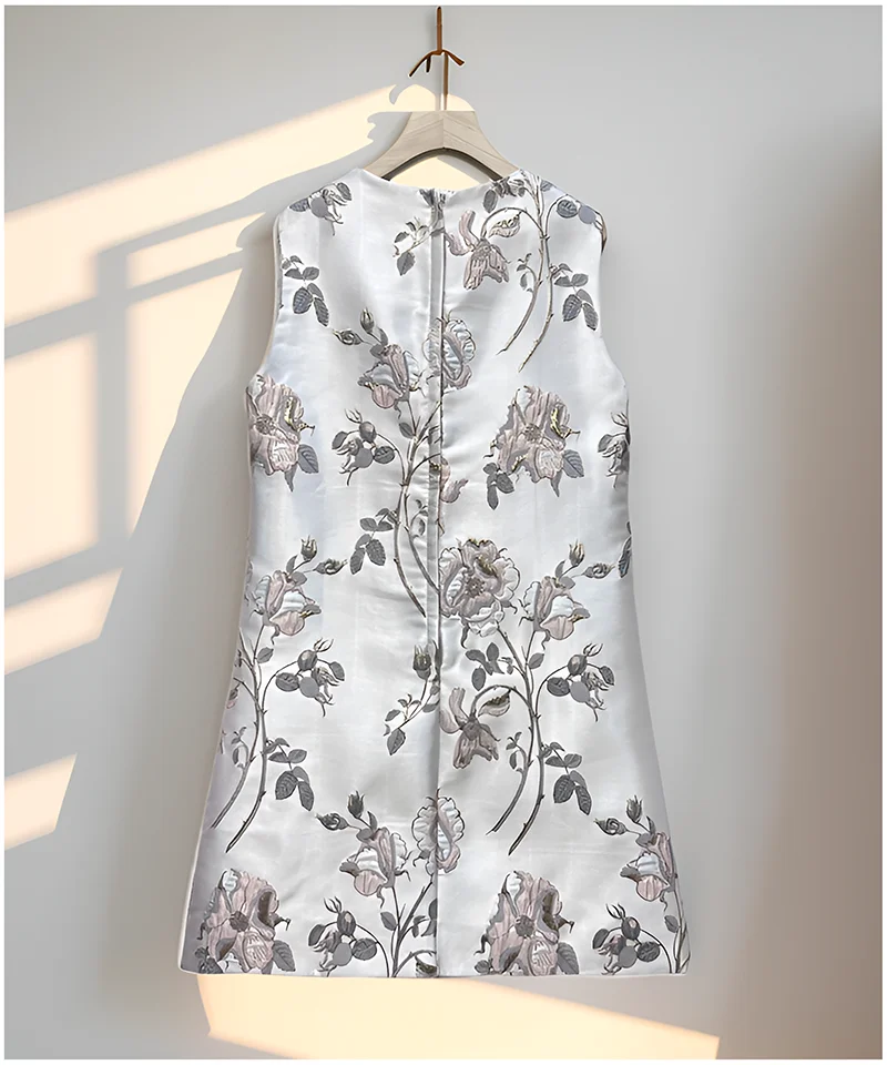 フレンチファッション エレガント 刺繍 花柄 ダイヤモンド サマードレス ラウンドネック ノースリーブ ハイウエスト Aライン カジュアル ショートドレス レディース