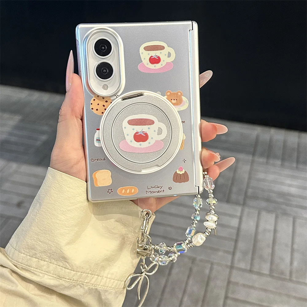 Cute Snack Cartoon Print Phone Case For Samsung Galaxy Z Fold8 Flip Mirror Stand Rhinestone Bead Wrist Strap Hard Foldable Shell